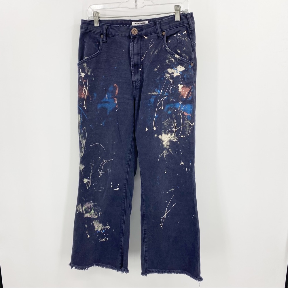 One Teaspoon Navy Paint-Splatter Wide-Leg Jeans